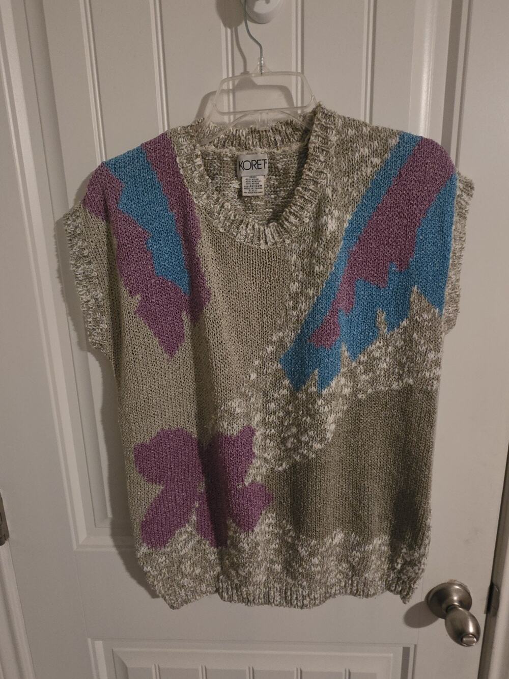 Vintage Koret Sweater Vest Womens 22W Abstract Floral Purple Teal Knit Oversized